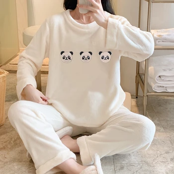 Зимние женщины с длинным рукавом мультфильм белая пижама панда толстая теплая фланелевая пижама женская коралловый бархат 2 шт. пижамы