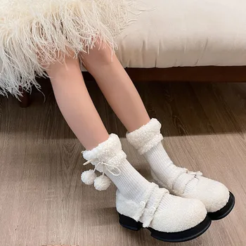 Сплошной цвет Bowknot Thermal Socks Симпатичные плюшевые утолщенные теплые носки Mid-tube Зимние мягкие повседневные напольные носки Женские модные длинные носки