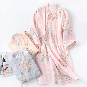 Весна Лето 100% хлопок Кимоно Халат Ночная рубашка Женская японский стиль Длинная ночная рубашка Цветок Нижнее белье Пот Паровая одежда