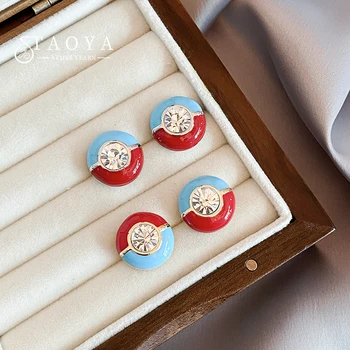  Высококачественные красные синие эмаль пэчворк круглые цирконовые серьги для девочек простые классические аксессуары женские модные ювелирные изделия