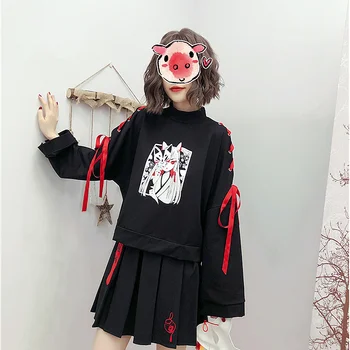Лето Женская одежда Аниме лиса принт крест тонкая женская футболка для девочек harajuku весна черный хлопок с юбкой толстовки