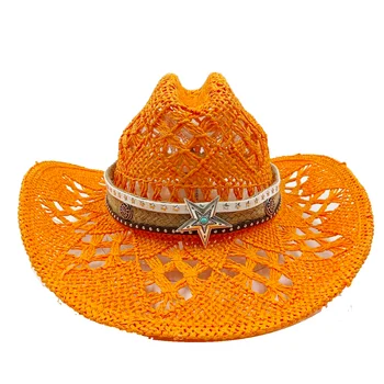 красочная двойная вогнутая ковбойская соломенная шляпа пентаграмма аксессуары мужская летняя пляжная шляпа для путешествий на открытом воздухе унисекс западная ковбойская шляпа