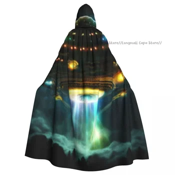 Взрослый Хэллоуин НЛО с огнями в космосе Плащ Плащ Плащ с капюшоном Средневековый костюм Полная длина Платье