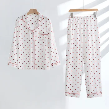2023 Love Print Хлопковая марля Женская пижама Удобная дышащая впитывающая пот одежда для сна Брюки с длинным рукавом Ночное белье