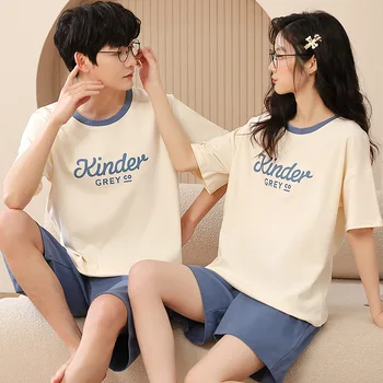 Пара Хлопковые Пижамы Лето Корейская Мода Мужское Ночное Белье Короткие Женские Пижамы Комплект Повседневная Домашняя Одежда Mujer Пижама Hombr